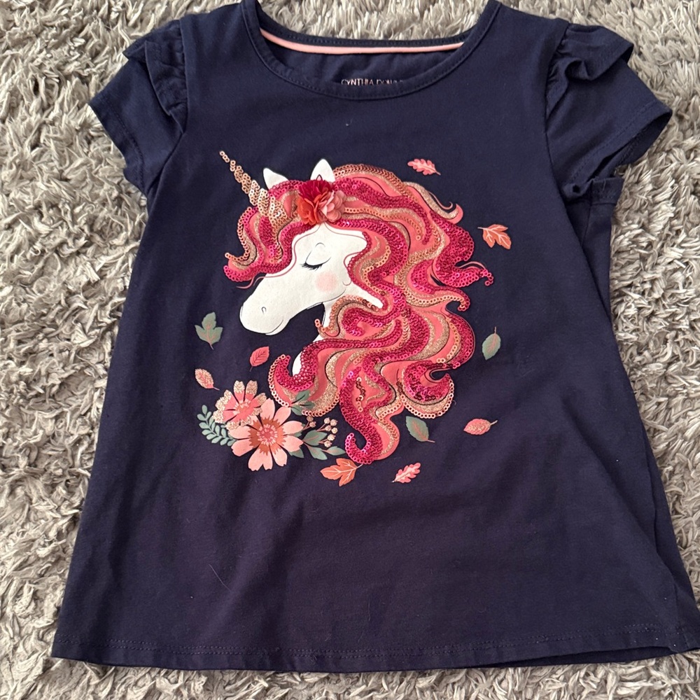 Cynthia Rowley Dark Blue Tee with Vibrant Unicorn Design